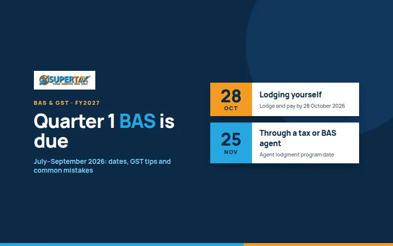 Quarter 1 BAS due dates: 28 October 2026 if lodging yourself, 25 November 2026 through a tax or BAS agent