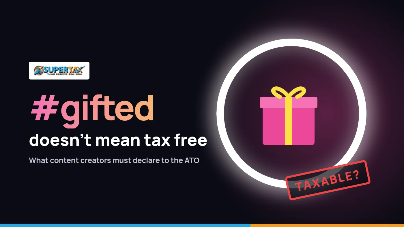 Glowing ring light around a pink gift box with a TAXABLE? stamp, beside the words #gifted doesn't mean tax free, with the Supertax logo