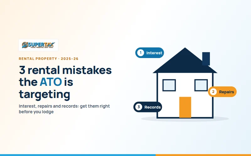 House illustration flagging three rental property mistakes: interest, repairs and records, with the Supertax logo