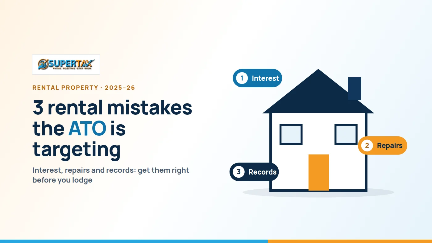 House illustration flagging three rental property mistakes: interest, repairs and records, with the Supertax logo