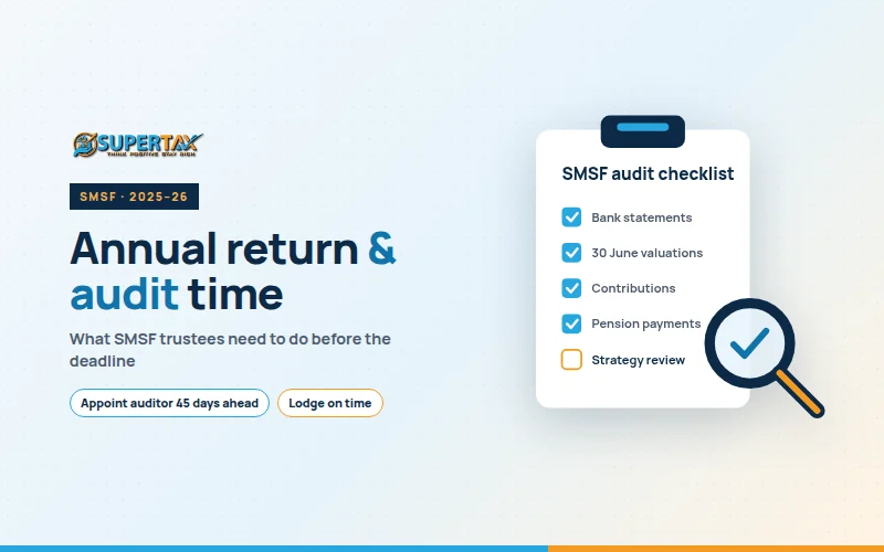 SMSF audit checklist on a clipboard with a magnifying glass, and the Supertax logo