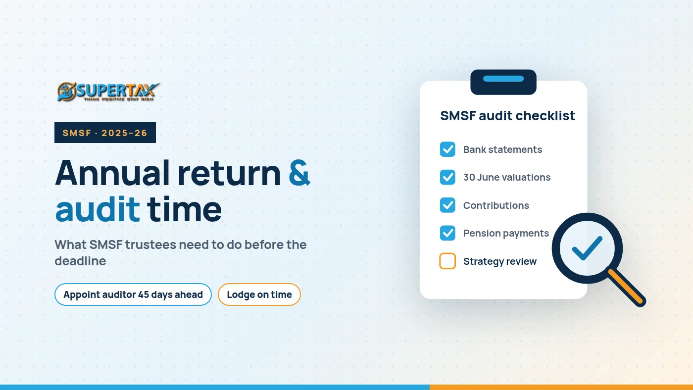 SMSF audit checklist on a clipboard with a magnifying glass, and the Supertax logo