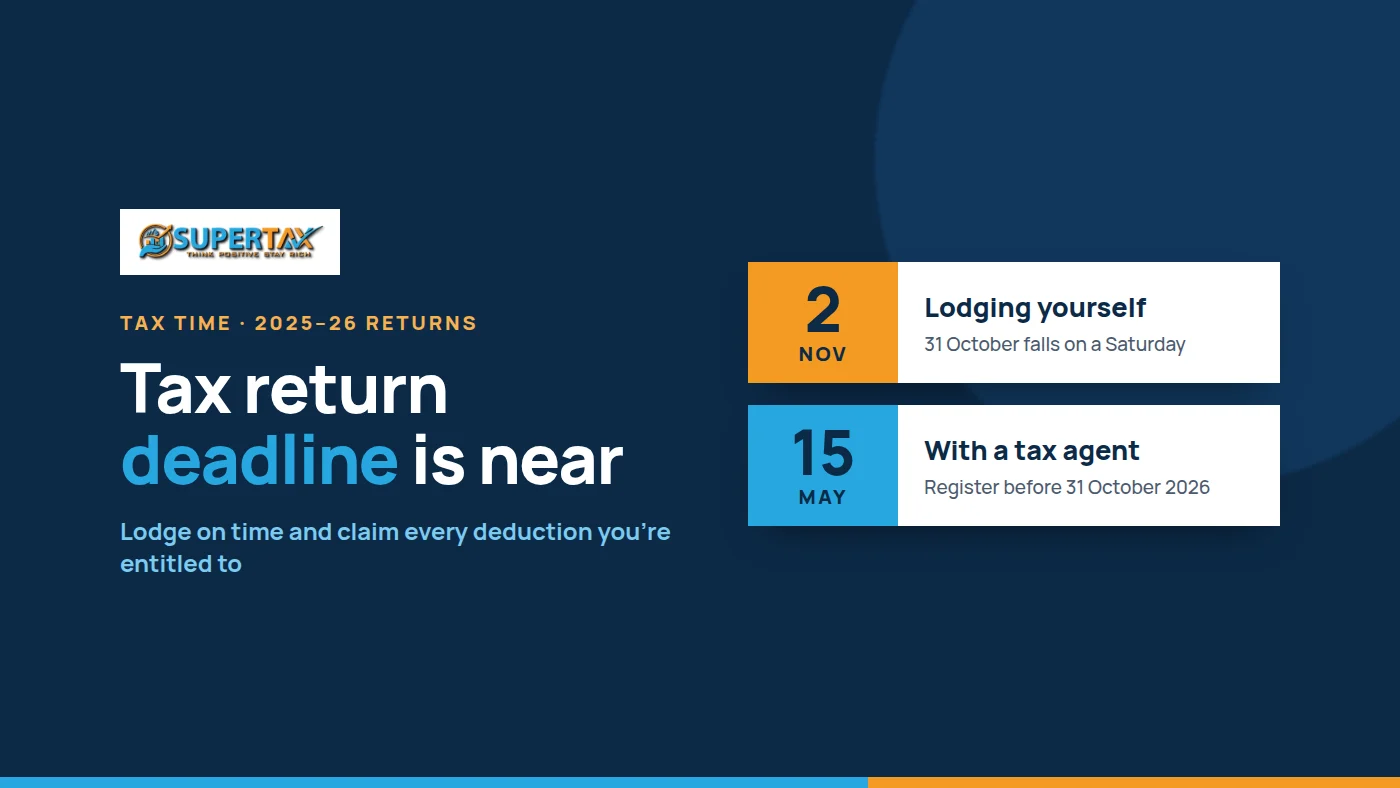 Tax return deadline: 2 November 2026 if lodging yourself, 15 May 2027 with a tax agent if you register before 31 October 2026